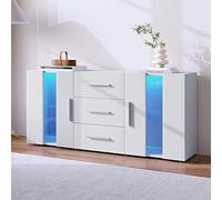 soges Banco de TV Aparador Mueble TV Mesa de Consola Cajoneras Sideboards de Alto Brillo con Cajón y Armario Blanco con Luz LED para Comedor, Salón, Cocina, 140 x 35 x 70 cm