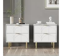 soges - Juego de 2 mesitas de noche modernas con cajones, mesa de noche blanca con patas y botones dorados, mesa auxiliar al final de sofá, diseño floral para salón y dormitorio