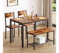 soges Juego de Mesa de Comedor para 4 Personas, 110cm, 2 Sillas con Respaldo, Banco para 2 Personas con Estante de Almacenaje, Juego de Muebles Nido para Comedor