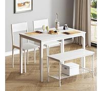 soges Juego de Mesa de Comedor para 4 Personas, 110cm Juego de Mesa de Cocina para 4, 2 Sillas con Respaldo, Banco para 2 Personas con Estante de Almacenaje, Juego de Muebles Nido para Comedor