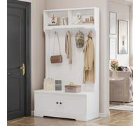 sogesfurniture Armario de entrada blanco con espacio de almacenamiento, perchero de pasillo con estante de almacenamiento, banco para zapatos, 4 ganchos para colgar, 2 compartimentos en la parte