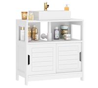 sogesfurniture Armario para debajo del lavabo, color blanco, armario bajo para cuarto de baño con estante abierto, 2 puertas correderas, mucho espacio de almacenamiento, mueble de baño que ahorra