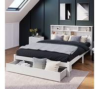 sogesfurniture Cama doble con cajones y somier de láminas, estantería de madera maciza, marco de cama con somier de láminas de madera, para adolescentes y adultos, 140 x 200 cm, color blanco