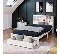 sogesfurniture Cama individual con cajones y somier, estantería, cama de madera maciza, marco de cama con somier de láminas de madera, para adolescentes y adultos, 90 x 200 cm, color blanco