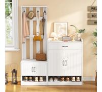 sogesfurniture Juego de perchero blanco, perchero de pasillo con 4 ganchos, 2 armarios para zapatos con puertas, juego multifuncional para cambio de zapatos para pasillo y entrada, 140,6 x 30,5 x 180