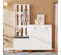 sogesfurniture Juego de perchero de 2 piezas, perchero con 8 ganchos, zapatero con cojines, zapatero grande con 2 cajones y puertas, ideal para pasillo y entrada
