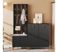 sogesfurniture Juego de perchero, perchero con 8 ganchos, zapatero con cojines, zapatero grande con 2 cajones y puertas, para pasillo y entrada (negro)