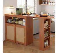 Sogesfurniture Mesa de bar extensible, alta de bistró, con gran almacenamiento, tablero giratorio, puerta corredera de ratán, 3 estantes, 138-193 x 39