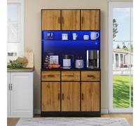 SogesHome Armario Alto de Cocina, vitrinas, Armario Buffet con iluminación LED, cajones, enchufes para cocinas y comedores, 100 x 40 x 180 cm (Teca Negro)