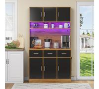 SogesHome Armario Alto de Cocina, vitrinas, Armario Buffet con iluminación LED, cajones, enchufes para cocinas y comedores, 100 x 40 x 180 cm (Teca Negra)