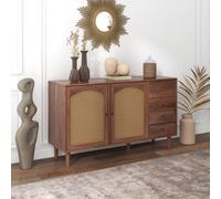 SogesHome Armario auxiliar buffets aparador cocina comedor armario con inserto de ratán 3 puertas 2 cajones irregulares para almacenamiento, 130 x 40 x 75.5 cm