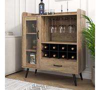 SogesHome Armario buffet para vino con puerta de cristal y cajón, 3 estantes con 8 cubos, aparador de almacenamiento con botellero para entrada, salón, cocina