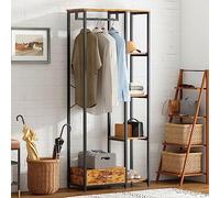 SogesHome Burro Ropa Perchero Doble de Pie Con Estantes y Cajón - 3 en 1 Con 4 Niveles Para Dormitorio - Colgador de Ropa de Madera