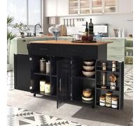 SogesHome Carrito de cocina con ruedas, mesa de comedor, islas de cocina, carrito de comedor, carrito de servir, aparador con mesa plegable, 2 cajones, 6 espacios de almacenamiento con puertas (teca