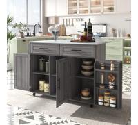 SogesHome Carrito de cocina con ruedas, mesa de comedor, islas de cocina, carrito de comedor, carrito de servir, aparador con mesa plegable, 2 cajones, 6 espacios de almacenamiento con puertas