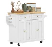 SogesHome - Carro de Cocina con Almacenamiento y aparador con Ruedas, Carrito de Bar con encimera Grande con toallero y Estante para Especias 2 cajones armarios de 2 Puertas, Color Blanco y Arce