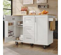 SogesHome Isla de cocina móvil, carrito de cocina grande con encimera plegable, ruedas, cajones y toallero, color blanco