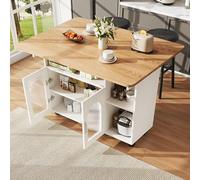 SogesHome Isla de cocina móvil con 4 ruedas, armario de cocina grande, carrito de cocina con encimera plegable, 2 puertas de almacenamiento, para comedor y cocina, color blanco