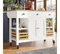 SogesHome Isla de cocina móvil en 4 ruedas con tablero plegable, armario de cocina con 3 cajones, estantería y cesta de pino, multifuncional como mesa de comedor, 120 × 45 × 90 cm, color blanco