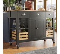 SogesHome Isla de cocina móvil en 4 ruedas con tablero plegable, armario de cocina con 3 cajones, estantería y cesta de pino, multifuncional como mesa de comedor, 120 × 45 × 90 cm, color negro