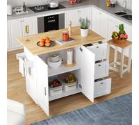 SogesHome Islas de cocina móvil carrito de cocina mesa de cocina con 3 cajones, 2 puertas, encimera plegable de madera de roble para cocina comedor 135 x 44 (70) x 90 cm