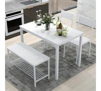 SogesHome Juego de Mesa de Comedor de 4 Piezas, Mesa de Comedor, 2 Sillas y Banco con Estante de Madera y Estructura de Acero para Cocina