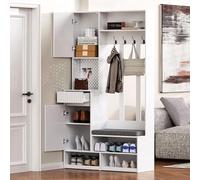 SogesHome Juego de perchero con banco, 4 ganchos, cajones, puertas y pared perforada, perchero de pasillo blanco para entrada 100 x 180 x 35 cm