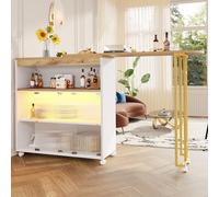 SogesHome Mesa de Bar Extensible con Espacio de Almacenamiento, Mesa de bistró telescópica móvil con LED, Mesa Alta de Cocina, Isla de Cocina, Mesa de Comedor, 138-204 x 39 x 105 cm