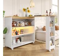 SogesHome Mesa de bar extensible con espacio de almacenamiento, mesa de bistró telescópica móvil con LED, mesa alta de cocina, isla de cocina, mesa de comedor, 138-204 x 39 x 105 cm