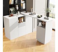SogesHome Mesa de bar giratoria 360°, mesa de comedor, isla de almacenamiento multifuncional con 9 compartimentos de almacenamiento, cajón y 4 puertas, 198,5 x 30 x 75 cm