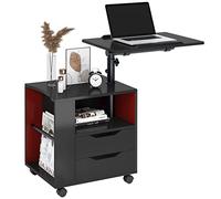 SogesHome Mesita de Noche Móvil Mesita Auxiliar con Soporte Portátil Regulable, Mesa con Ruedas y Cajones, Bandeja Giratoria 360°, para Dormitorio, Oficina o Sofá