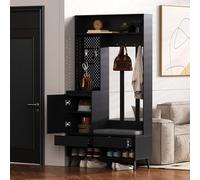 SogesHome Perchero completo negro con banco y tablón de anuncios, montado en la pared con 4 ganchos, 2 cajones + puerta, protección contra la humedad mediante patas de 15 cm, ancho 35 x alto 180 x
