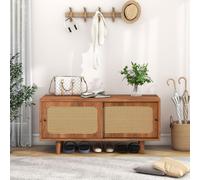 SogesHome Zapatero de ratán con 2 puertas con estante ajustable, color nogal, elegante zapatero para pasillo, salón y dormitorio, 104 x 40 x 48 cm