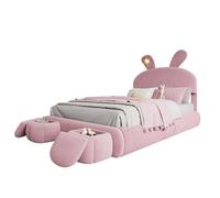 SogesPower 140 x 200 cm, cama doble de terciopelo rosa con iluminación LED de orejas de conejo, sistema de almacenamiento hidráulico, 2 taburetes de dibujos animados y somier de láminas de 7 zonas