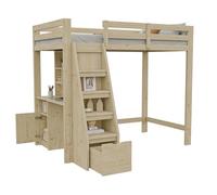 SogesPower Cama alta de 90 x 200 cm con mesa de trabajo, escalera de seguridad con espacio de almacenamiento para habitaciones infantiles/jóvenes, marco de madera maciza en color madera