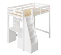 SogesPower Cama alta para niños de 90 x 200 cm con mesa de trabajo, escalera de seguridad con compartimentos de almacenamiento, marco de madera maciza, color blanco