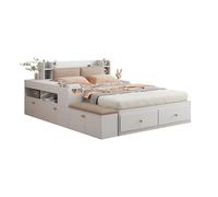 SogesPower Cama combinada de madera maciza blanca de 140 x 200 cm con juego completo de cajones para mesitas de noche, cabecero multifunción para un diseño elegante del dormitorio