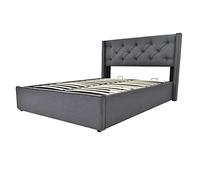 SogesPower Cama doble de 160 x 200 cm, color gris, grande, tapizada, retro, hidráulica, plegable, somier de láminas de madera de pino, resistente al polvo, tela Oxford