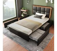 SogesPower Cama funcional de 90 x 200 cm con iluminación LED (mando a distancia) y 4 cajones, cabecero regulable en altura (10 cm), piel sintética negra, listones de seguridad + bordes redondeados