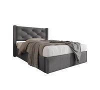 SogesPower Cama individual 90 x 200 cm gris con almacenamiento hidráulico diseño retro cabecero tapizado madera de pino somier de láminas de tela Oxford a prueba de polvo