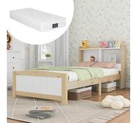 SogesPower Cama individual de madera maciza con cabecero de almacenamiento y colchón de muelles, pino natural/blanco, 90 x 200 cm, incluye somier, ahorro de espacio, cama infantil y juvenil