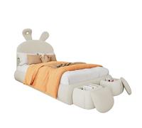 SogesPower Cama individual de terciopelo beige de 90 x 200 cm con iluminación LED de orejas de conejo, 2 prácticos taburetes de dibujos animados, cabecero ajustable en altura y cuna segura