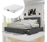 SogesPower Cama tapizada de 140 x 200 cm con 4 cajones y cabecero regulable en altura, cama doble de listones de acero respetuoso con la piel, para colchones de hasta 25 cm, color gris