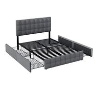 SogesPower Cama tapizada de 140 x 200 cm con 4 cajones y cabecero regulable en altura, cama doble de lino respetuoso con la piel, somier de láminas de acero, color gris