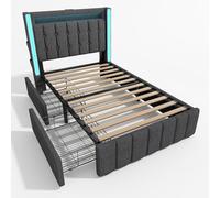 SogesPower Cama tapizada inteligente con 4 bases de carga USB-C, iluminación LED RGB y cajones, 90 x 200 cm (individual/doble), somier de láminas de madera, diseño de espacio de almacenamiento, gris