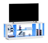 SogesPower Consola de TV LED 140 x 35 x 52 cm, color blanco con UV brillante y estructura de melamina, iluminación RGB de 7 colores + enchufe europeo, estante de cristal regulable en altura para salón