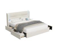 SogesPower Elegante cama de 160 x 200 cm con iluminación LED ambiental, 4 cajones de almacenamiento, estación de carga USB y acolchado de lujo en color beige