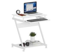 SogesPower Escritorio Portátil para Ordenador, Pequeño Escritorio Doble, con Ruedas Universales Fijables y Bandeja para Teclado, 60 x 46 x 73 cm, Blanco