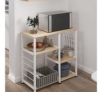 SogesPower Estantería de repostería, microondas, Estantería de 3 Niveles, con Ganchos en Forma de S, Estante para Utensilios de Cocina y Especias, 90 x 40 x 83 cm, Arce