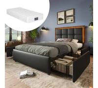 SogesPower Estructura de cama con iluminación LED y 4 cajones, cama individual de 90 x 200 cm, cabecero regulable (10 cm), incluye colchón de espuma de 406 muelles de piel sintética de poliuretano
